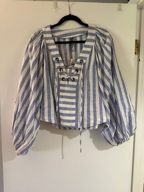 Anthropologie Linen Blend Striped Lace-Up Top - Blue & White